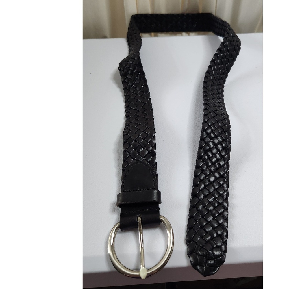 Talbots Black Genuine Leather Braided Woven Belt Silver Buckle 1X